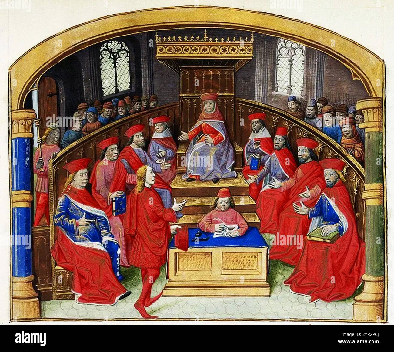 Cicéron défend le Manilian droit, seulement Miniature premier discours politique de Cicéron. En 66 avant J.C, le tribun Caius Manilius a proposé une loi étendant Pompey Banque D'Images