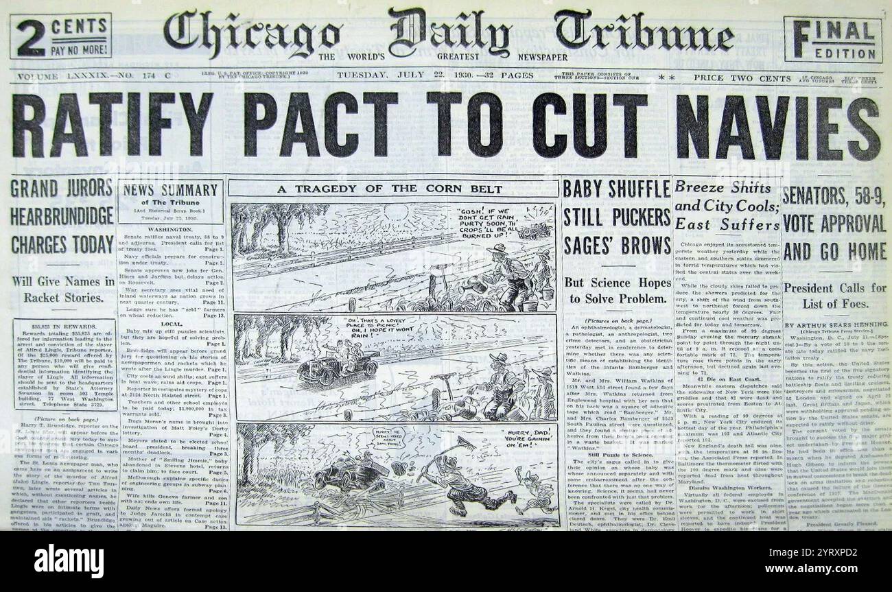 Journal faisant état de la conclusion du Traité de renonciation à la guerre de 1928 (Kellogg Briand Pact), Banque D'Images