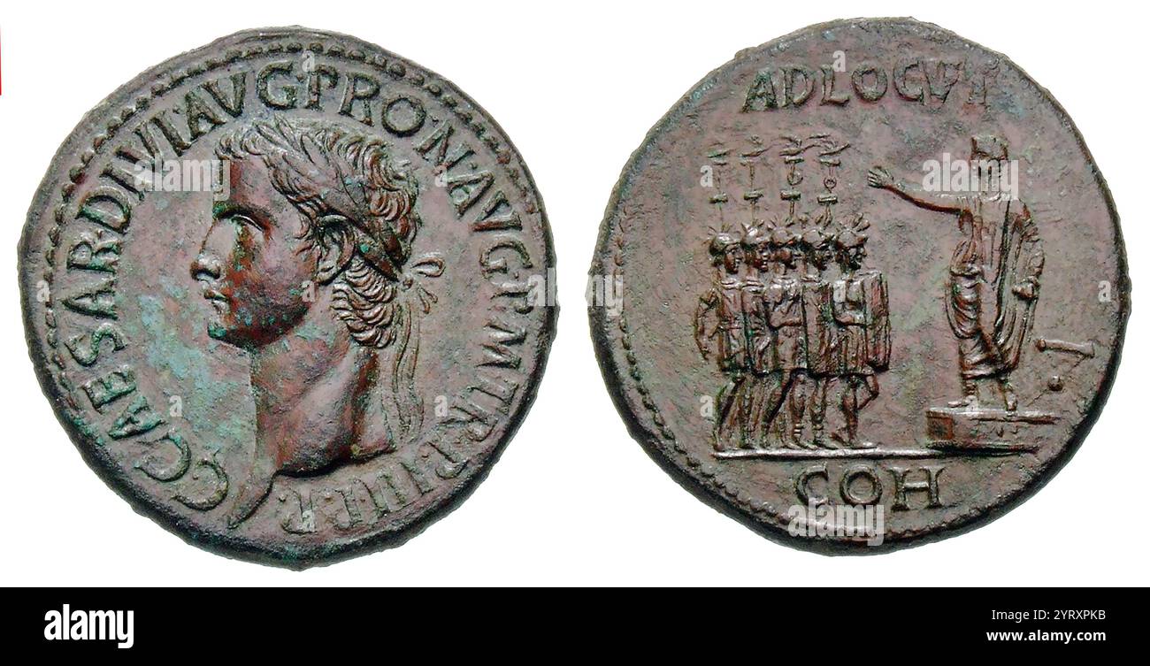 Tête de Caligula avec couronne de laurier, pièce romaine 41 ce Banque D'Images