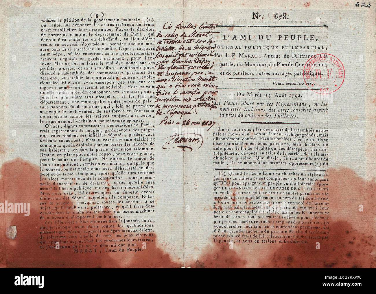 Copie sanglante de L'ami du peuple], l'ami du peuple), un journal écrit par Jean Paul Marat pendant la Révolution française. Cet exemplaire porte les taches de sang de Marat de son assassinat. Banque D'Images