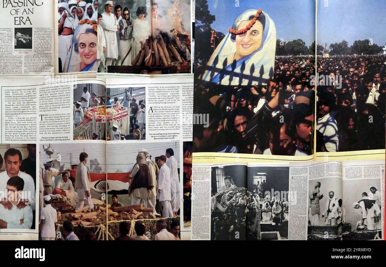 Couverture médiatique de la première ministre indienne Indira Gandhi assassinée en octobre 1984 à sa résidence de Safdarjung Road, New Delhi. Elle a été tuée par ses gardes du corps sikhs, Satwant Singh et Beant Singh Banque D'Images