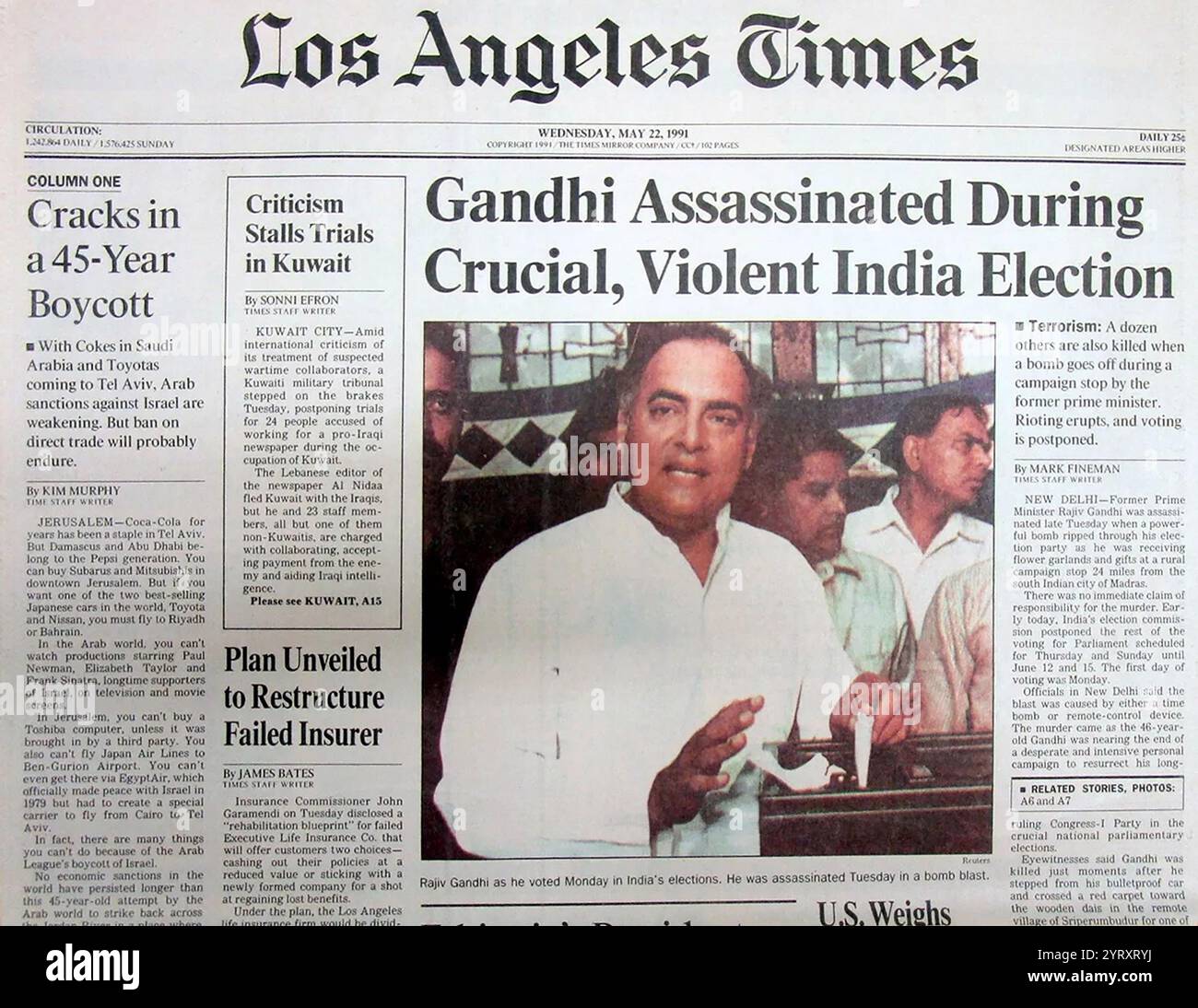 Los Angeles Times couverture de l'assassinat de Rajiv Gandhi, ancien premier ministre de l'Inde. Le meurtre a eu lieu à la suite d'un attentat suicide à la bombe perpétré à Sriperumbudur dans le Tamil Nadu (Inde) le 21 mai 1991. Au moins 14 autres personnes, en plus de Gandhi et de l'assassin, ont été tuées. Elle a été menée par Kalaivani Rajaratnam, 22 ans, membre de l'organisation rebelle séparatiste tamoule sri-lankaise interdite Tigres de libération de l'Eelam tamoul (LTTE). Banque D'Images