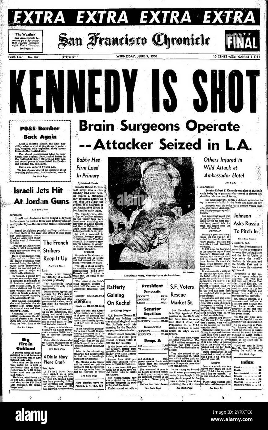 La première page du journal AMÉRICAIN rapporte l'assassinat du candidat démocrate à la présidence Robert Kennedy. 1968 Banque D'Images