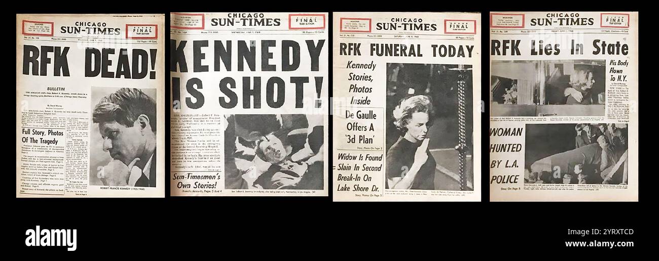 Les premières pages des journaux AMÉRICAINS rapportent l'assassinat du candidat démocrate à la présidence Robert Kennedy. 1968 Banque D'Images