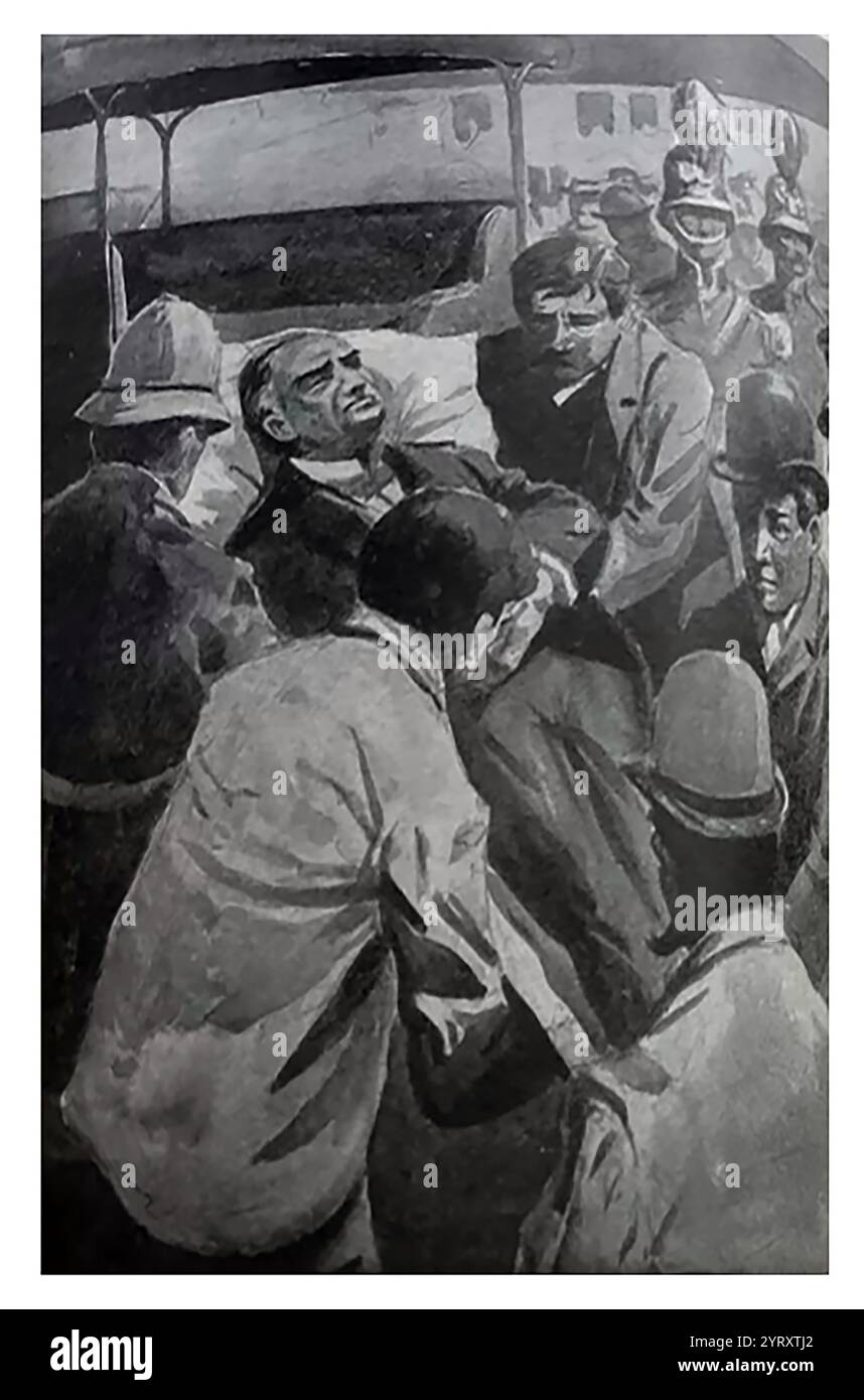 Le président McKinley est emmené par ambulance électrique de la scène de son assassinat. Leon F. Czolgosz (1873 ? 29 octobre 1901) ouvrier polono-américain et anarchiste qui assassine le président des États-Unis William McKinley le 6 septembre 1901 à Buffalo, New York. Le président est mort le 14 septembre après que sa blessure ait été infectée. Pris dans l'acte, Czolgosz a été jugé, condamné et exécuté par l'État de New York sept semaines plus tard, le 29 octobre 1901. Banque D'Images