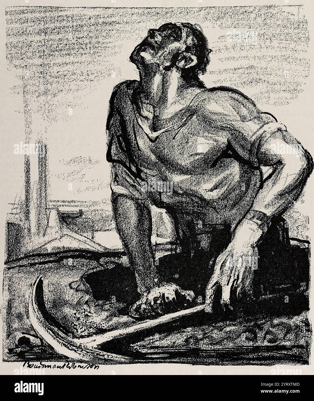 Un croquis de Boardman Robinson du New York Tribune représentant un mineur émergeant de la terre avec une hache et une tête cherchant la lumière au-dessus. Banque D'Images