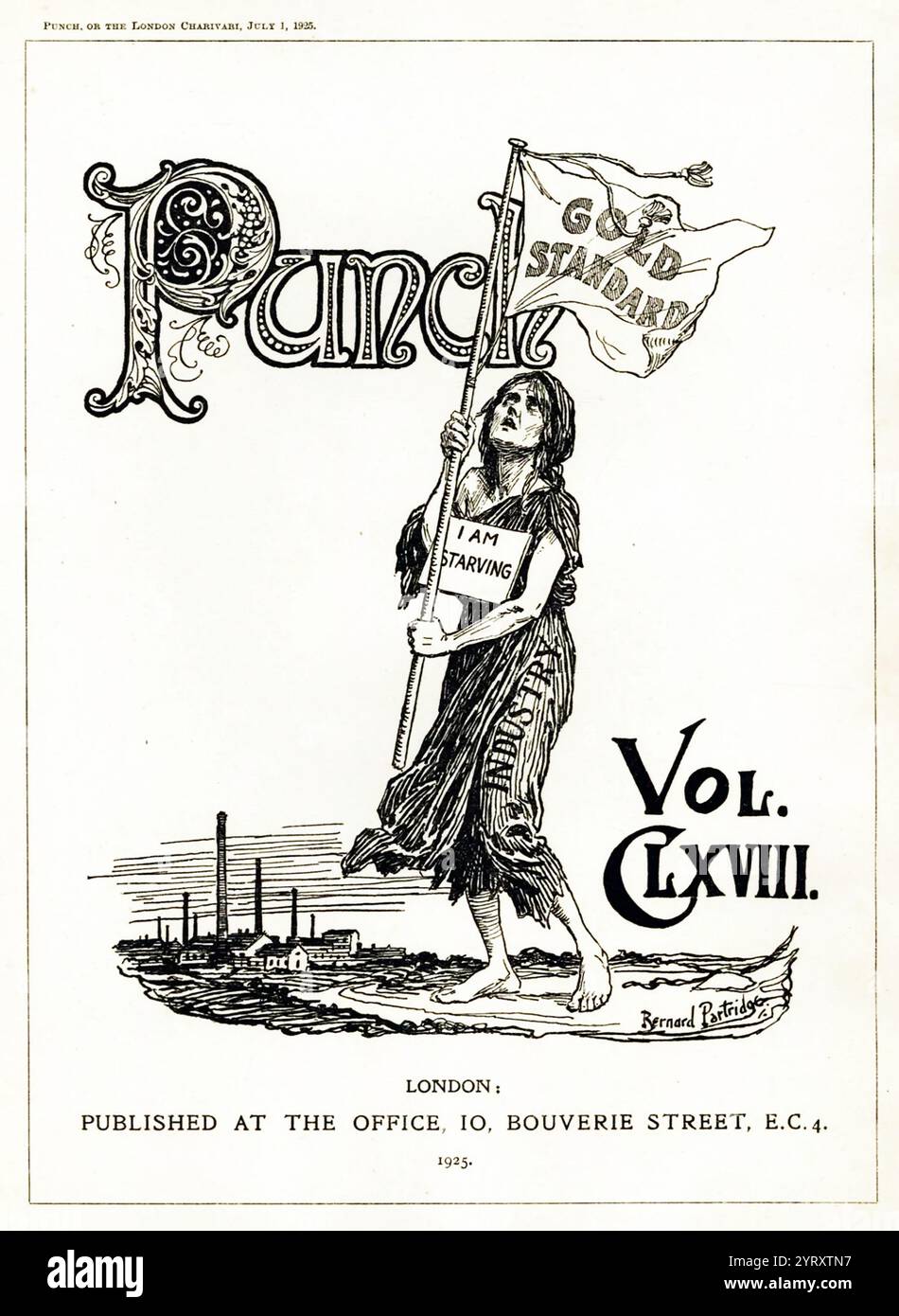 Punch cartoon satiising the British Gold Standard Act 1925. La Loi introduisit l'étalon des lingots d'or et abrogea simultanément l'étalon des espèces d'or. La nouvelle norme a mis fin à la circulation des pièces d'espèces d'or. Au lieu de cela, la loi contraint les autorités à vendre des lingots d'or sur demande à un prix fixe, mais seulement sous forme de lingots contenant environ quatre cents onces d'or fin. Banque D'Images