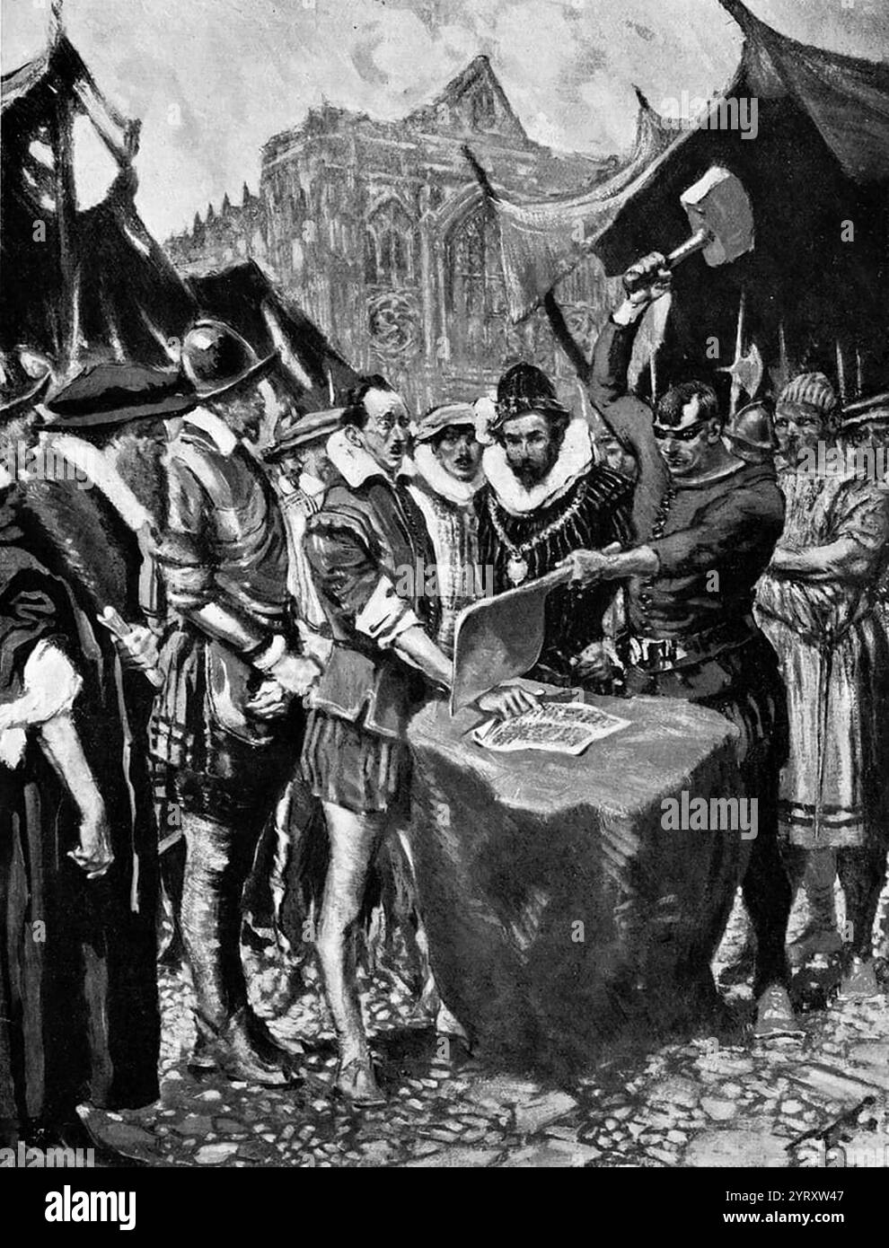 John Stubbs (c. 1544 ? 1589) puritain anglais, pamphlétaire, commentateur politique et dessinateur pendant l'ère élisabéthaine, dont la main droite a été coupée le 3 novembre 1579 à la suite d'une condamnation pour « écriture séditieuse ». Il meurt en France en 1589 pendant son service militaire et est enterré au Havre. Puritain engagé, il s'opposa aux négociations de mariage entre la reine Élisabeth Ire et François d'Anjou, un catholique romain qui était le frère du roi de France. Banque D'Images