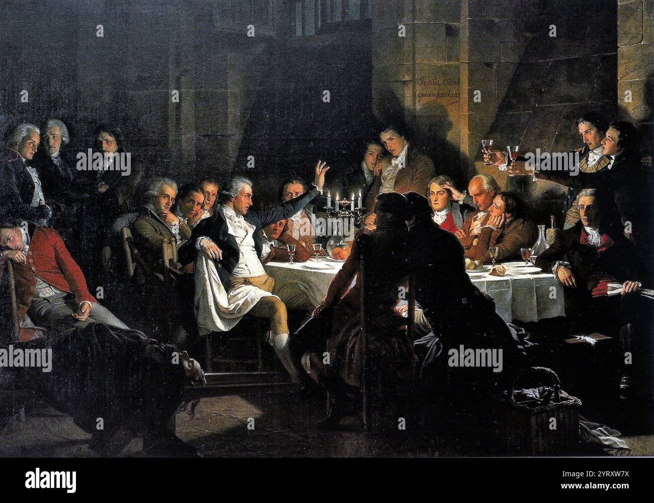 Le dernier banquet des Girondins peint en 1850 par Henri Félix Emmanuel Philippoteaux (1815-1884). Au premier plan, à gauche, se trouve le corps sans vie de Charles Éléonor Dufriche-Valazé sur une civière qui s’est poignardé dans la salle d’audience du Tribunal révolutionnaire lorsqu’il a été condamné à mort. Date circa 1850 Banque D'Images