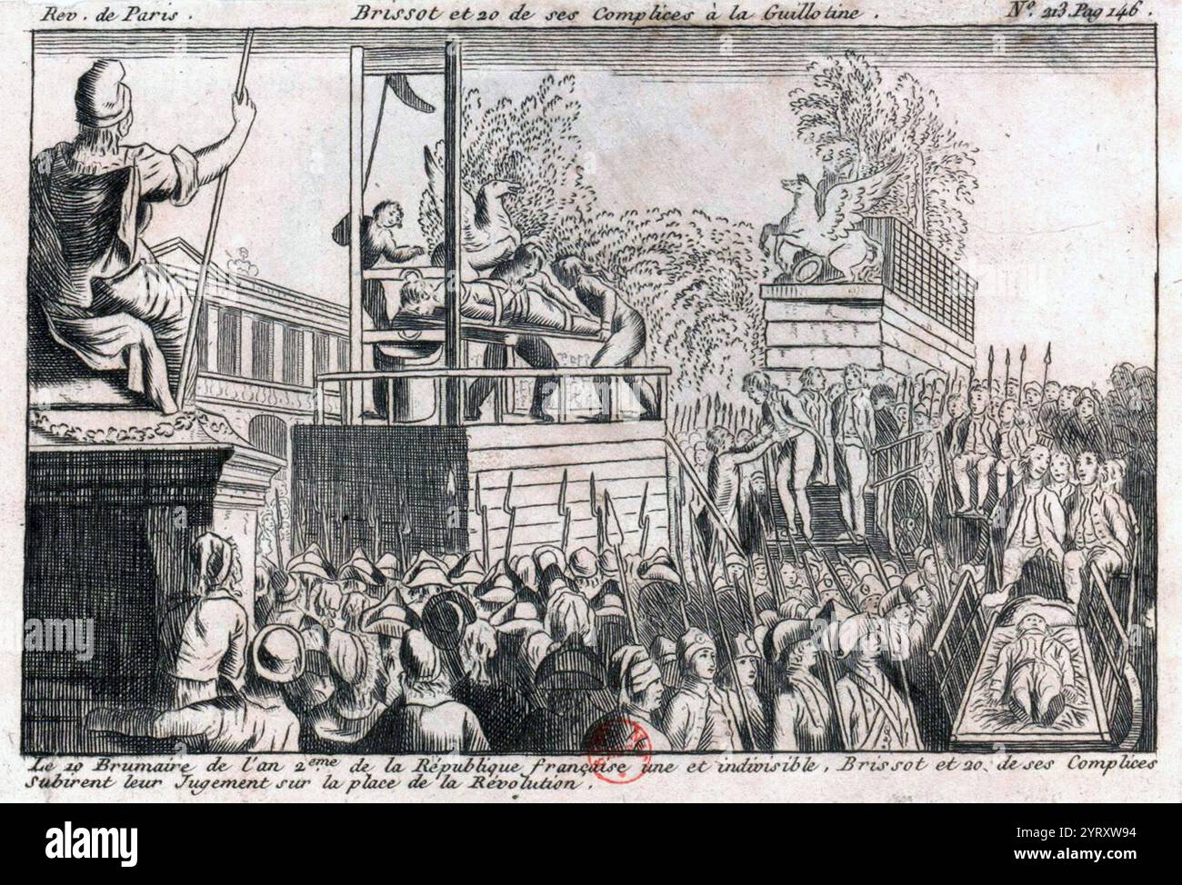 Brissot et les complices de la guillotine. Jacques Pierre Brissot était un abolitionniste français, et révolutionnaire dirigeant la faction des Girondins , à la Convention nationale de Paris. Les Girondins étaient favorables à l'exportation de la révolution et s'opposaient à une concentration du pouvoir à Paris. Les conflits avec Robespierre, qui l'accusa de royalisme provoquèrent sa chute. Brissot est accusé d'avoir organisé la subversion et en 1793, il est guillotiné avec d'autres Girondins. Banque D'Images