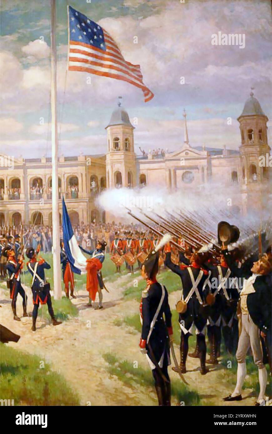 Première levée du drapeau américain avec le Louisiana Purchase, sur la place d'armes (aujourd'hui Jackson Square), à la Nouvelle-Orléans. La cérémonie a eu lieu le 20 décembre 1803. Peint par Thure de Thulstrup sur commande pour commémorer le centenaire de l'événement. La peinture a été louée pour la recherche et la précision historique qui est entré dans la représentation de l'époque. Exposé au Cabildo à la Nouvelle-Orléans. Banque D'Images