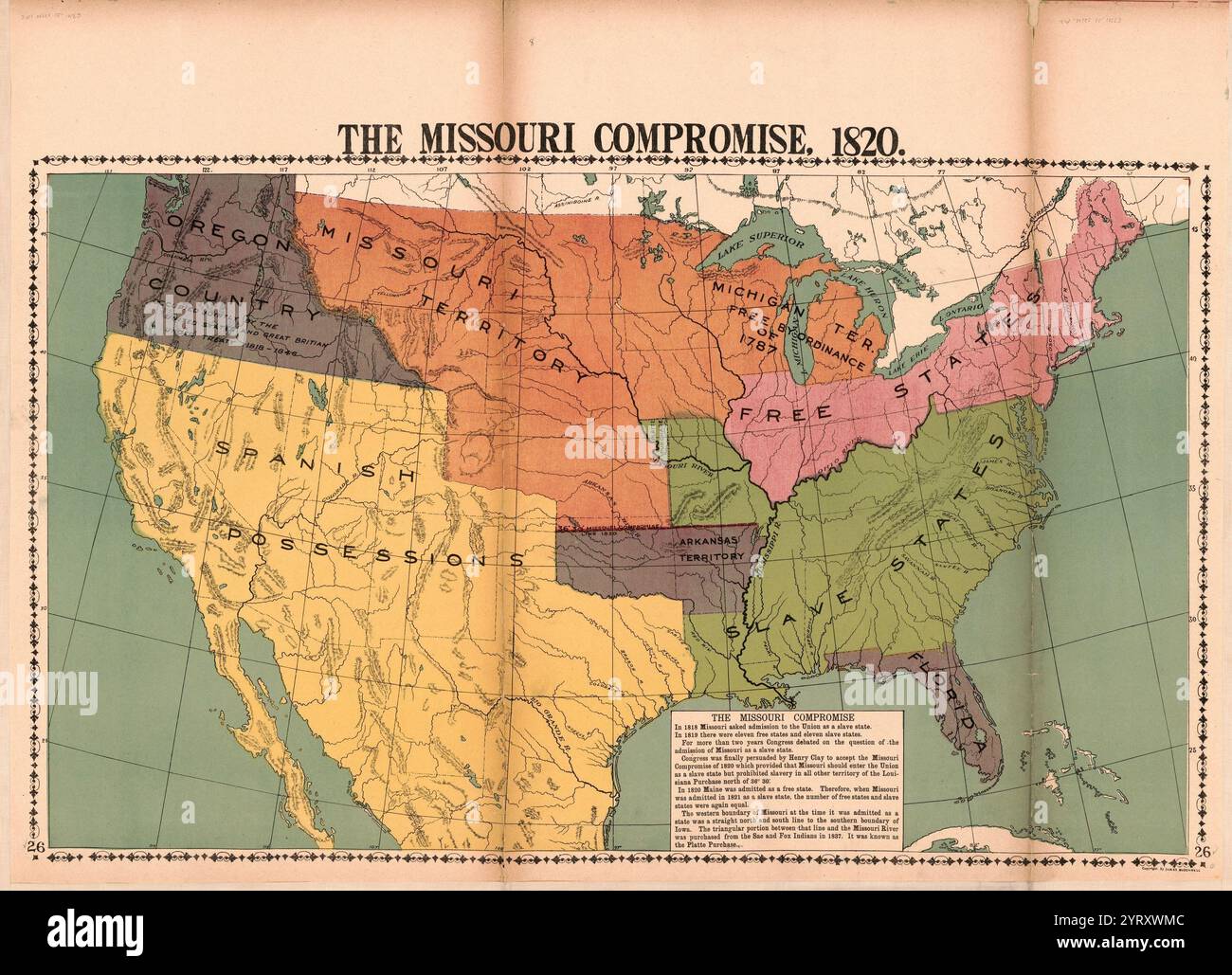 Compromis du Missouri, 1820. Le compromis du Missouri (également connu sous le nom de compromis de 1820) était une loi fédérale des États-Unis qui équilibrait les désirs des états du Nord pour empêcher l'expansion de l'esclavage dans le pays avec ceux des états du Sud pour l'étendre. Il admet le Missouri comme État esclavagiste et le Maine comme État libre et déclare une politique d'interdiction de l'esclavage dans les terres restantes de Louisiane Purchase Banque D'Images