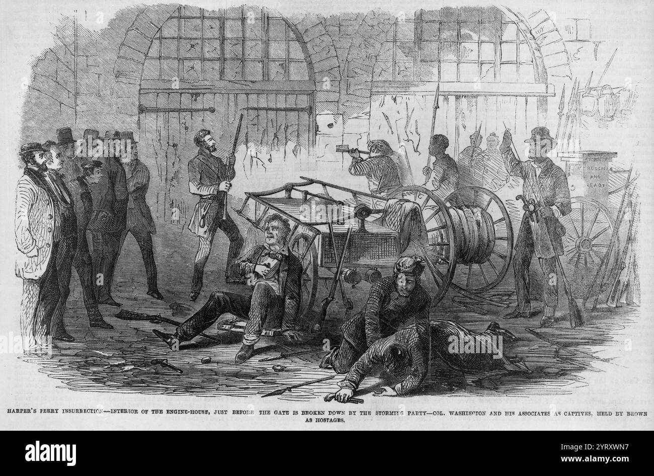 Harper's Ferry insurrection - intérieur de la Engine-House, juste avant que la porte soit brisée par le parti d'assaut - Col. Washington et ses associés comme captifs, détenus par Brown comme otages. Le raid de John Brown sur Harpers Ferry est un effort de l'abolitionniste John Brown, du 16 au 18 octobre 1859, pour initier une révolte d'esclaves dans les états du Sud en prenant le contrôle de l'arsenal des États-Unis à Harpers Ferry, Virginie (depuis 1863, Virginie-occidentale). Elle a été appelée la répétition générale pour, ou prélude tragique à, la guerre de Sécession. Banque D'Images