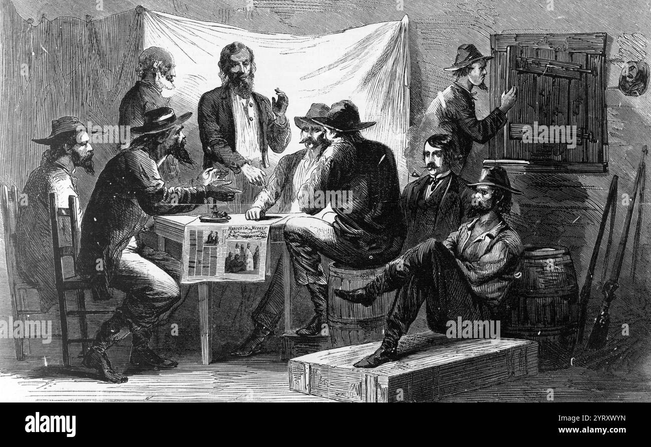 Réunion secrète des unionistes du Sud, vers 1862. Les unionistes du Sud sont des Sudistes blancs vivant dans les États confédérés d'Amérique, opposés à la sécession. Beaucoup ont combattu pour l'Union pendant la guerre de Sécession. Ces gens sont également appelés Loyalistes du Sud, Loyalistes de l'Union ou Loyalistes de Lincoln. Les pro-confédérés dans le Sud les ont ridiculisés en les qualifiant de « conservateurs » (en référence aux loyalistes pro-couronne de la Révolution américaine). Pendant la reconstruction, ces termes ont été remplacés par « scalawag », qui couvrait tous les blancs du Sud qui soutenaient le Parti républicain. Banque D'Images