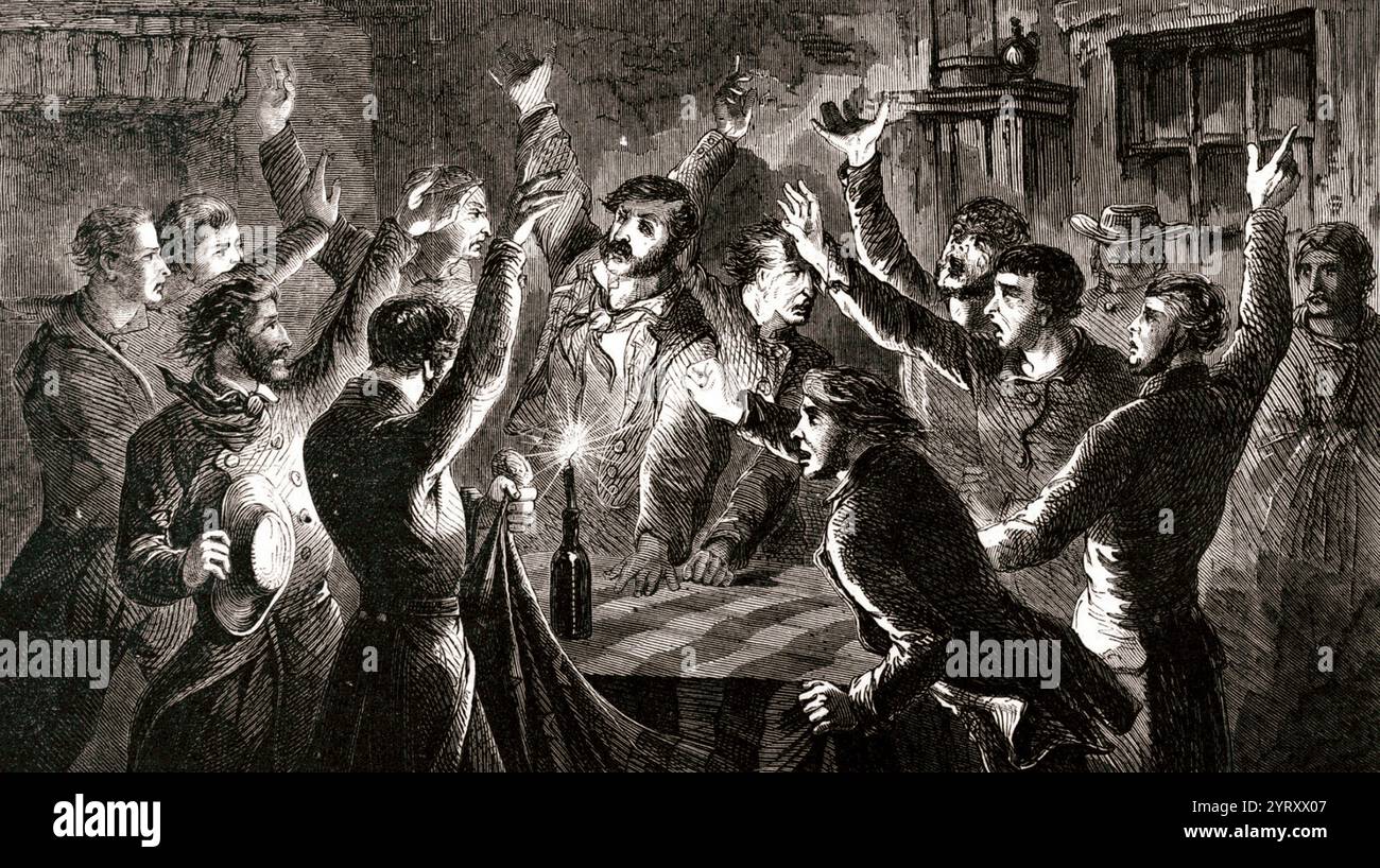 Réunion secrète des unionistes du Sud, vers 1862. Les unionistes du Sud sont des Sudistes blancs vivant dans les États confédérés d'Amérique, opposés à la sécession. Beaucoup ont combattu pour l'Union pendant la guerre de Sécession. Ces gens sont également appelés Loyalistes du Sud, Loyalistes de l'Union ou Loyalistes de Lincoln. Les pro-confédérés dans le Sud les ont ridiculisés en les qualifiant de « conservateurs » (en référence aux loyalistes pro-couronne de la Révolution américaine). Pendant la reconstruction, ces termes ont été remplacés par « scalawag », qui couvrait tous les blancs du Sud qui soutenaient le Parti républicain. Banque D'Images
