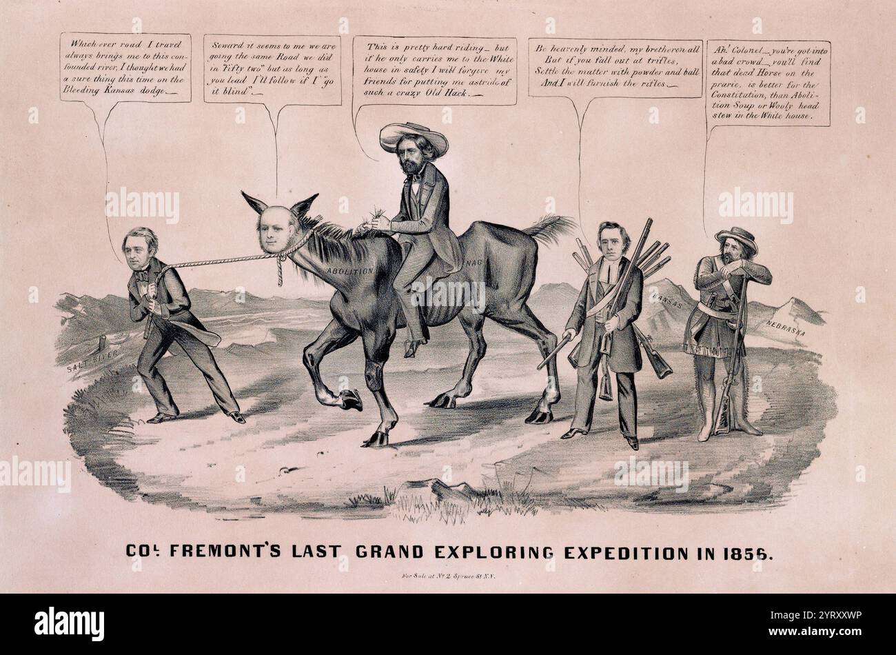 Le limogeage de Lawrence a eu lieu le 21 mai 1856, lorsque des colons pro-esclavagistes, dirigés par le shérif Samuel J. Jones du comté de Douglas, attaquèrent et saccagèrent Lawrence, au Kansas, une ville qui avait été fondée par des colons anti-esclavagistes du Massachusetts qui espéraient faire du Kansas un État libre. L'incident alimente le conflit irrégulier dans le territoire du Kansas qui deviendra plus tard connu sous le nom de Bleeding Kansas. Entre environ 1855 et 1859, les Kansans se sont engagés dans une violente guérilla entre les forces pro-esclavagistes et anti-esclavagistes dans un événement connu sous le nom de Bleeding Kansas, qui a considérablement façonné la politique américaine et la suite Banque D'Images