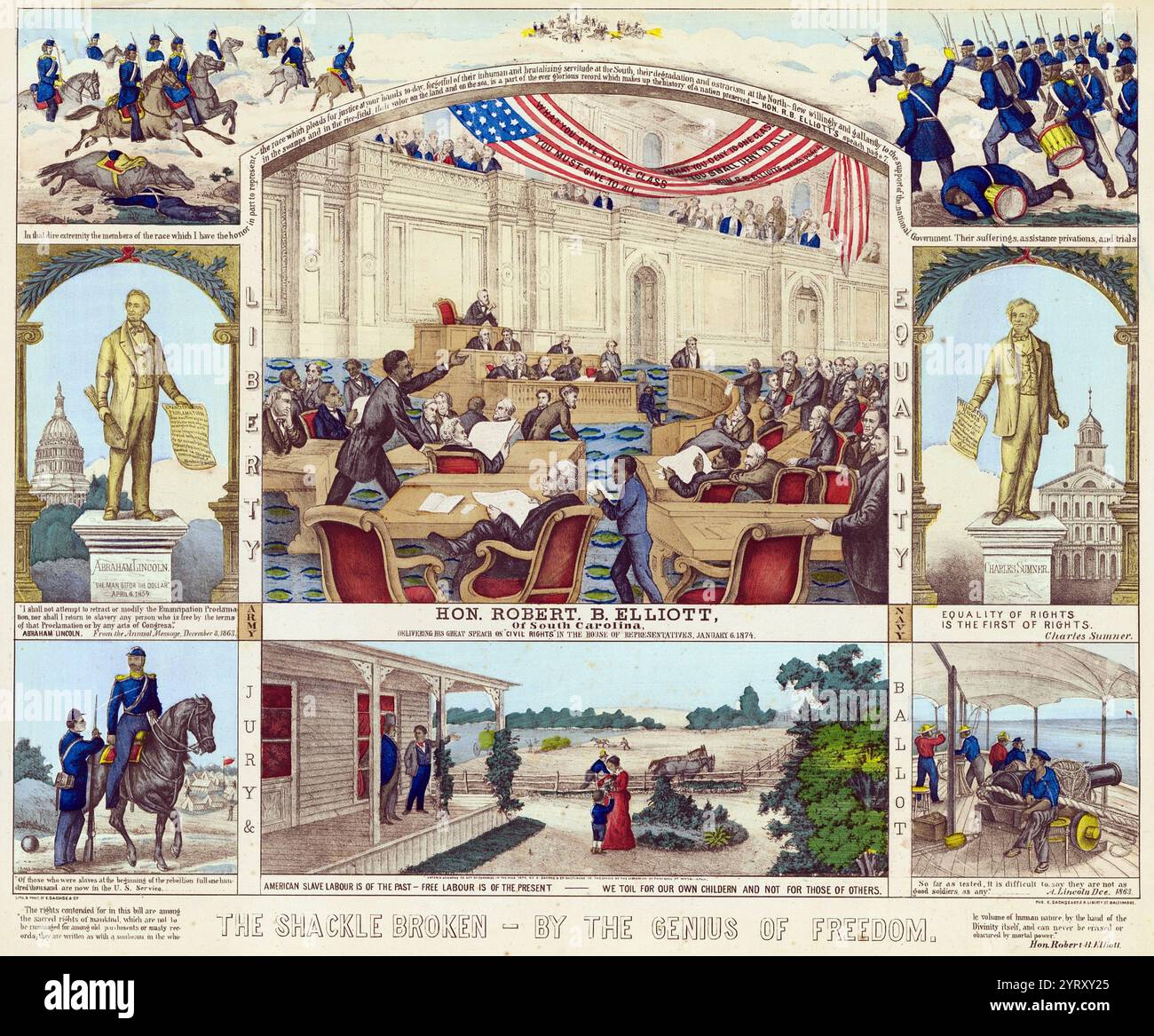 La manille brisée par le génie de la liberté, 1874. Robert Brown Elliott a été l'un des premiers Afro-Américains élus pour représenter la Caroline du Sud à la Chambre des représentants des États-Unis (1871?73 ; 1873?75). Le 6 janvier 1874, Elliott a présenté une défense émouvante du projet de loi sur les droits civils du sénateur Charles Sumner face à l'opposition du député de Géorgie Alexander Stephens, ancien vice-président de la Confédération. (dans le panneau central de cette lithographie). Images d'Abraham Lincoln, florissant la Proclamation d'émancipation, et du sénateur Sumner, tenant une copie de son projet de loi sur les droits civiques Banque D'Images