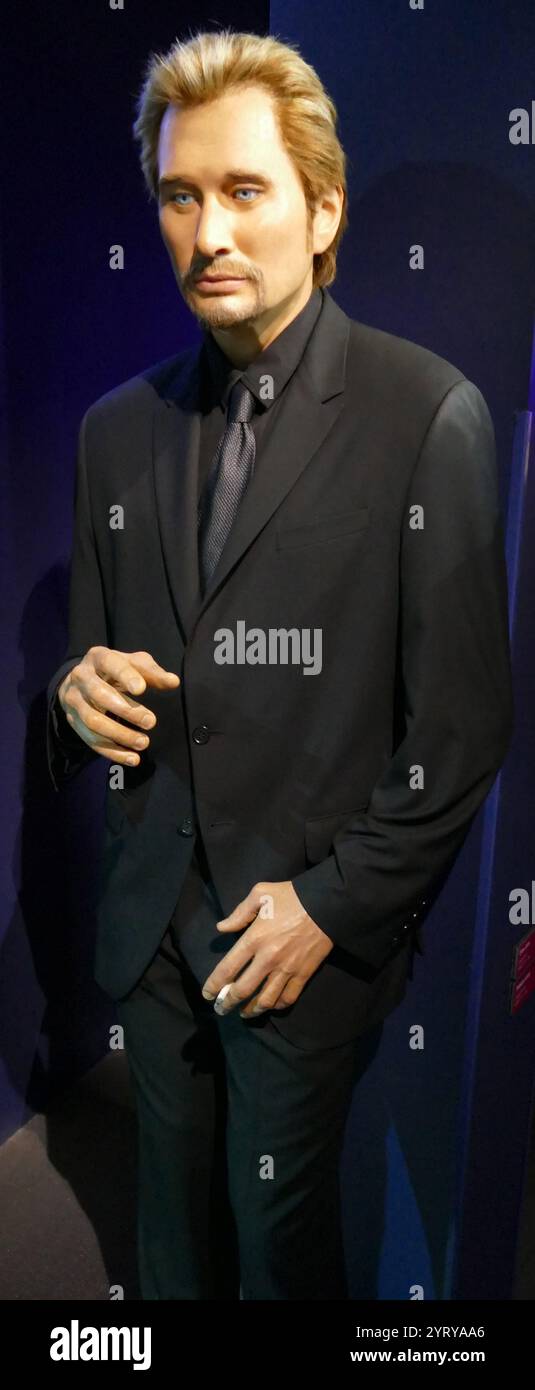 Sculpture à la cire de Jean-Philippe Leo Smet (1943 - 2017), connu sous son nom de scène Johnny Hallyday. Chanteur et acteur français de rock and roll et pop Banque D'Images