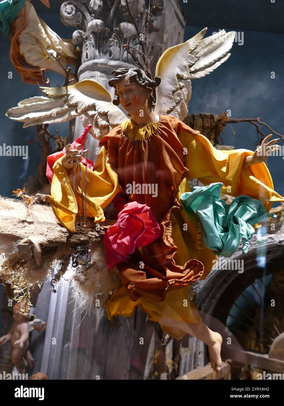 Scène de nativité baroque ornée, plâtre et bois peint, Rome Italie. 1680 Banque D'Images