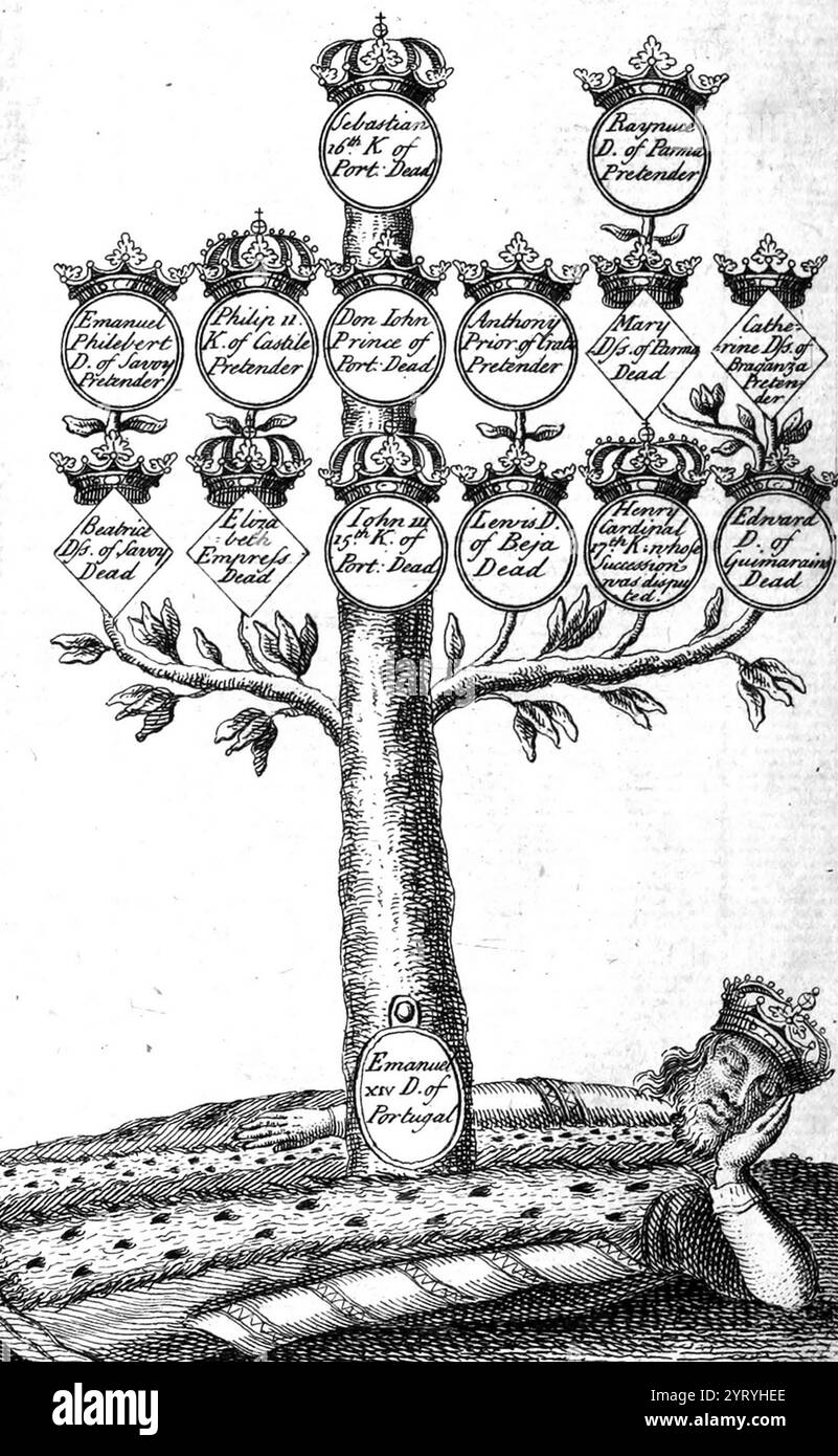 Frontispice d'une édition anglaise de 1735 de l'histoire des révolutions du Portugal de Vertot. Il représente un arbre généalogique des descendants du roi Manuel Ier de Portugal, et il met en évidence les acteurs pendant la crise de succession portugaise de 1580. Banque D'Images