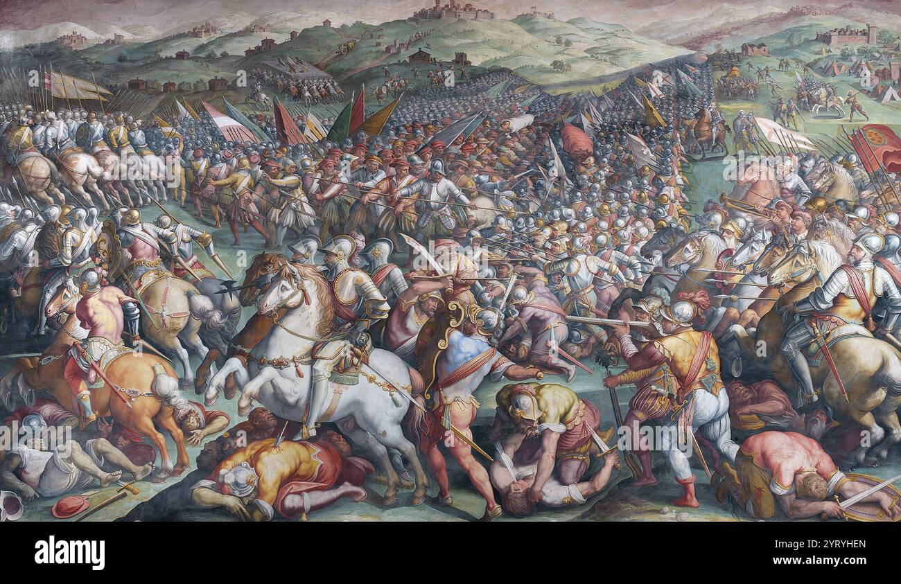 La bataille de Marciano, Toscane, 1554, pendant la guerre d'Italie de 1551. La bataille marque la défaite de la République de Sienne dans sa guerre contre le duché de Florence, et entraîne la perte de son indépendance et son absorption dans le duché de Florence. Le duché de Florence était allié avec le Saint-Empire romain germanique sous Charles V, empereur du Saint-Empire romain germanique (1500?1558) Banque D'Images