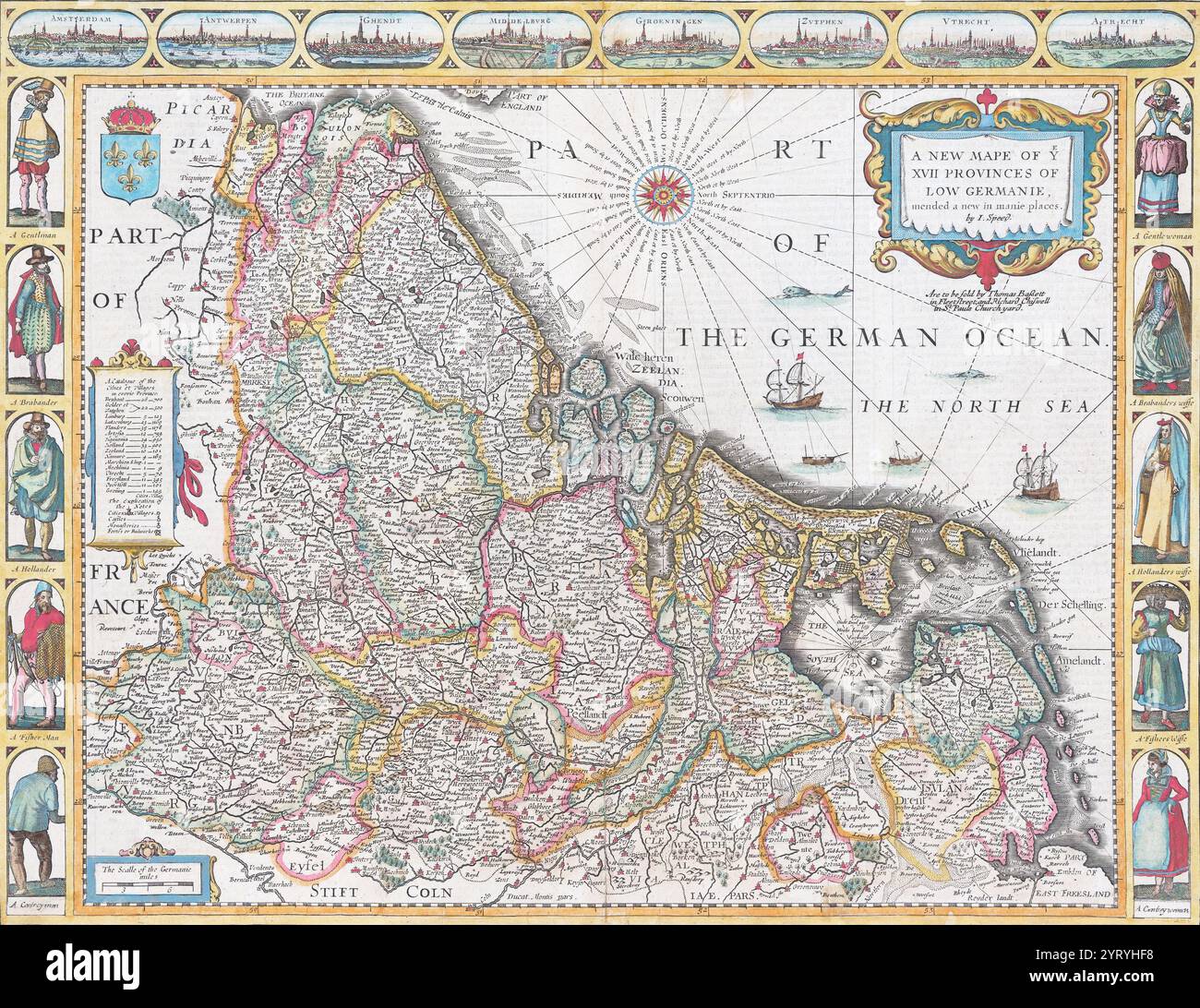 1626. Carte des dix-sept provinces de la basse-Allemagne (pays-Bas). Réalisé par le cartographe anglais John Speed (1552-1629). Il montre les 17 provinces traditionnelles des pays-Bas, qui englobent les pays modernes des pays-Bas, de la Belgique et du Luxembourg. Les dix-sept provinces existaient entre 1543-1585 en tant qu'états impériaux des pays-Bas des Habsbourg. Banque D'Images