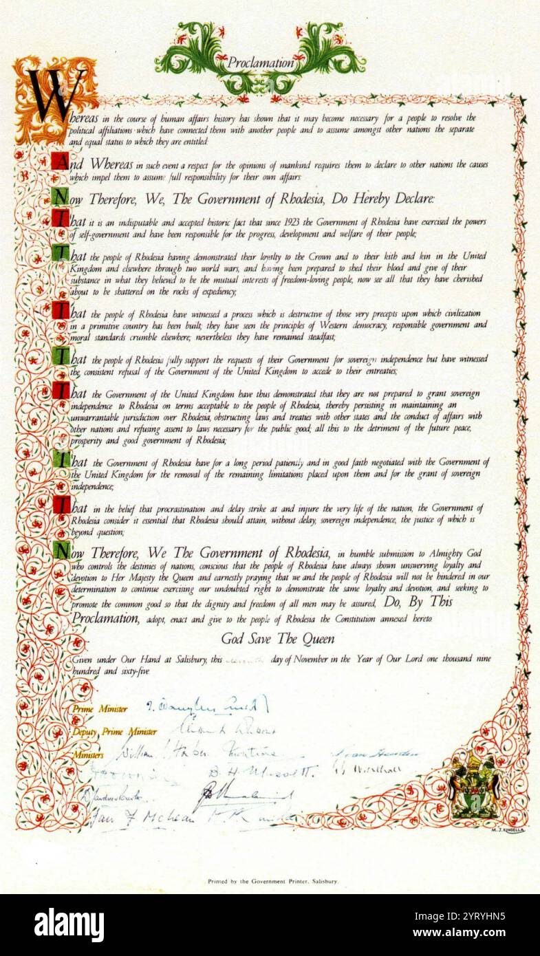 Document de proclamation annonçant la déclaration unilatérale d'indépendance du gouvernement rhodésien (UDI) du Royaume-Uni, créée au début du mois de novembre 1965 et signée le 11 novembre 1965. Banque D'Images