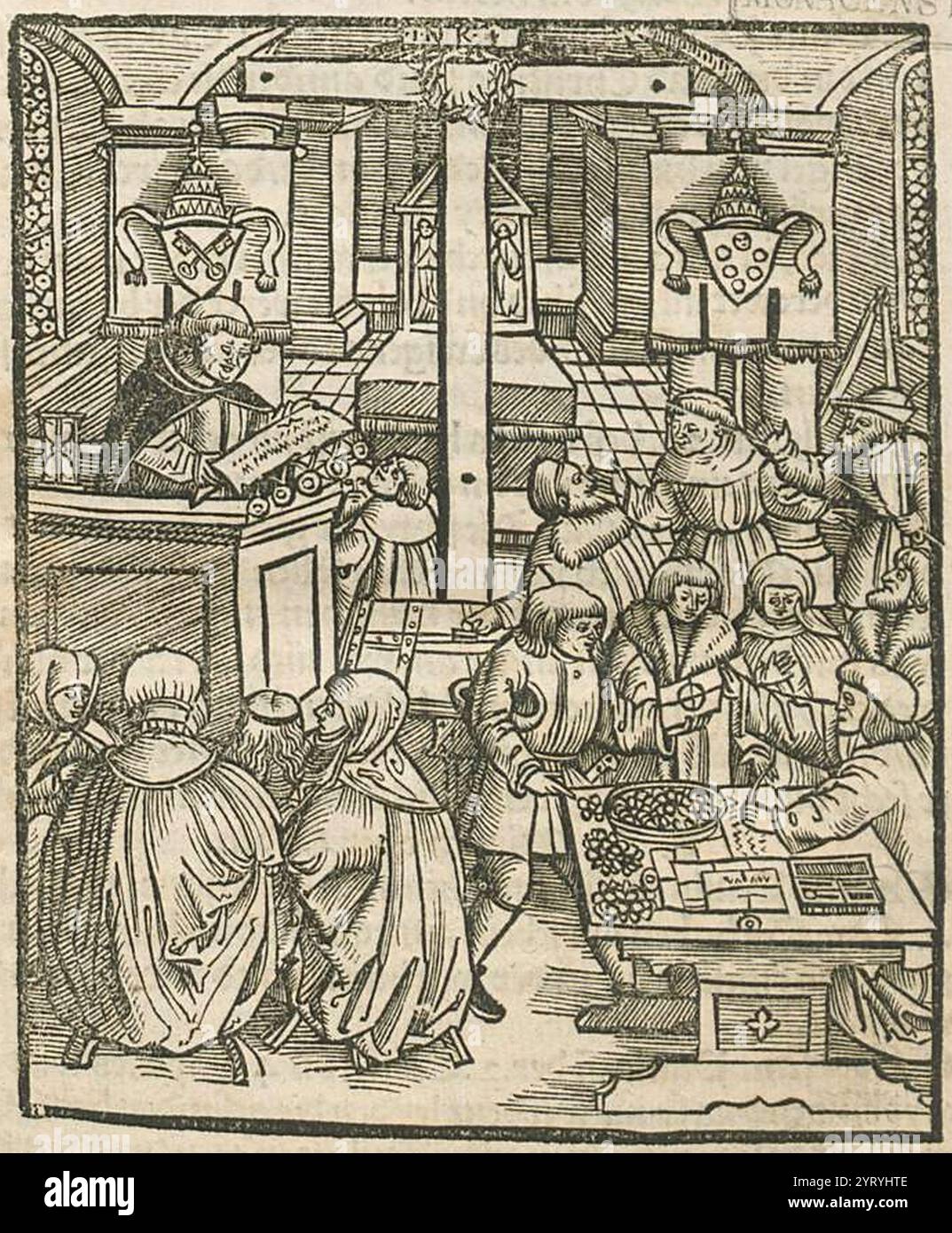 Gravure sur bois de vente d'indulgence dans une église de la page de titre de on Aplas von ROM kan man wol selig werden (on peut être sauvé sans l'indulgence de Rome). 1521. Gravure sur bois allemande. Banque D'Images