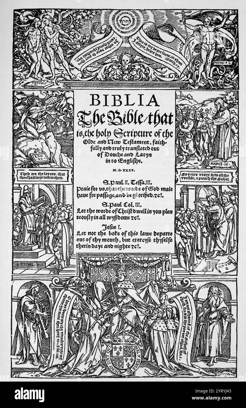 La Bible de Coverdale, compilée par Myles Coverdale et publiée en 1535, a été la première traduction complète en anglais moderne de la Bible (pas seulement l'ancien Testament ou le Nouveau Testament), et la première traduction imprimée complète en anglais Banque D'Images