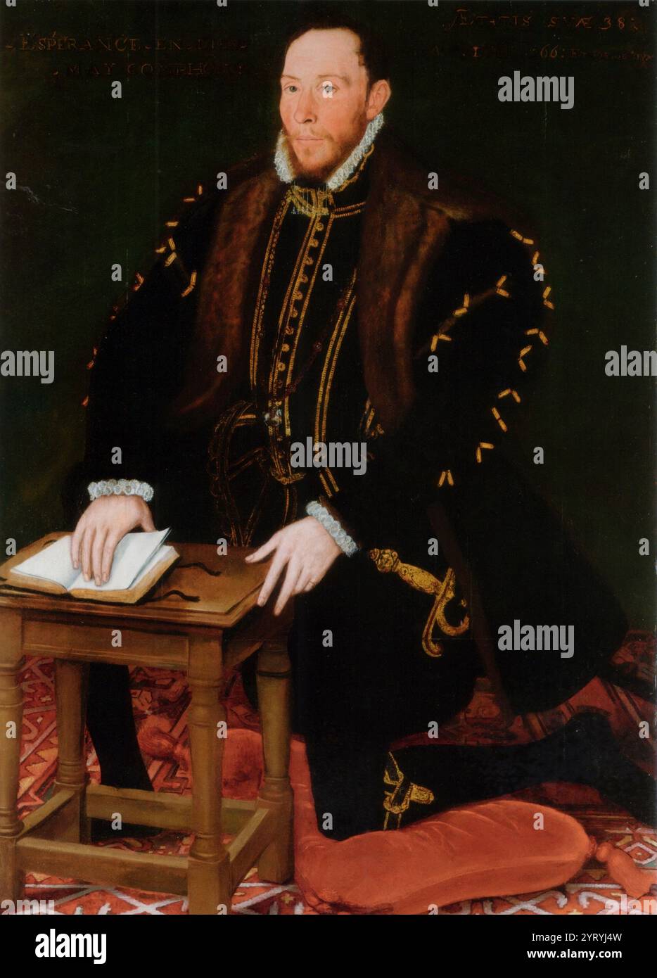 Portrait de Thomas Percy, 7e comte de Northumberland, agenouillé sur un coussin, et de l'ordre du collier et de la jarretière, lisant un livre de prières. Par Steven van der Meulen. Thomas Percy, 7e comte de Northumberland, 1er baron Percy, KG (1528 ? 22 août 1572), mena le soulèvement du Nord et fut exécuté pour trahison. Il a ensuite été béatifié par l'Église catholique. Banque D'Images