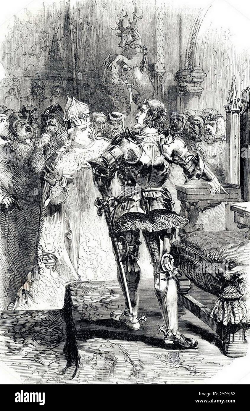 Richard d'York, 3e duc d'York (1411 ? 1460), nommé Richard Plantagenêt, prétendant au trône pendant les guerres des Roses. Le 10 octobre 1460, York arrive à Londres et s'installe au palais royal. Entré au Parlement avec son épée portée debout devant lui, il se dirigea vers le trône vide et plaça sa main sur lui, comme pour l'occuper. Il s'attendait peut-être à ce que les pairs réunis l'acclament comme roi, comme ils l'avaient acclamé Henry Bolingbroke en 1399. Au lieu de cela, il y avait le silence. Thomas Bourchier, archevêque de Cantorbéry, demanda s'il souhaitait voir le roi. Banque D'Images