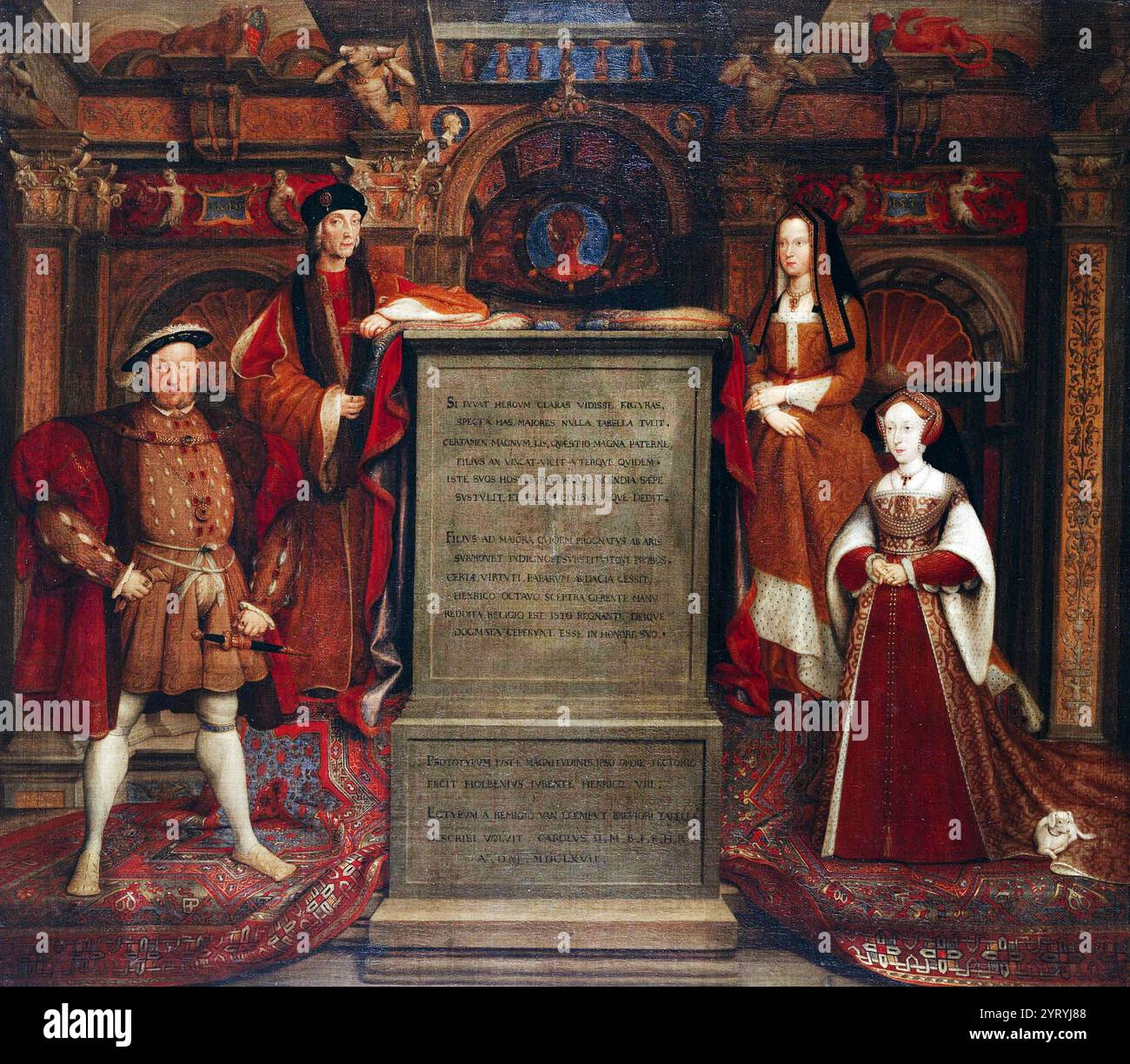 Copie aux huiles de la murale de 1536?37 Hans Holbein Whitehall, 7. De gauche à droite : Henry VIII, Henry VII, Elizabeth d'York, Jane Seymour. Elizabeth d'York (1466 ? 1503) était la reine d'Angleterre de son mariage avec le roi Henri VII le 18 janvier 1486 jusqu'à sa mort en 1503. Elle est la fille du roi Édouard IV et de son épouse Elizabeth Woodville, et son mariage avec Henri VII fait suite à sa victoire à la bataille de Bosworth Field, qui marque la fin des guerres des Roses. Banque D'Images