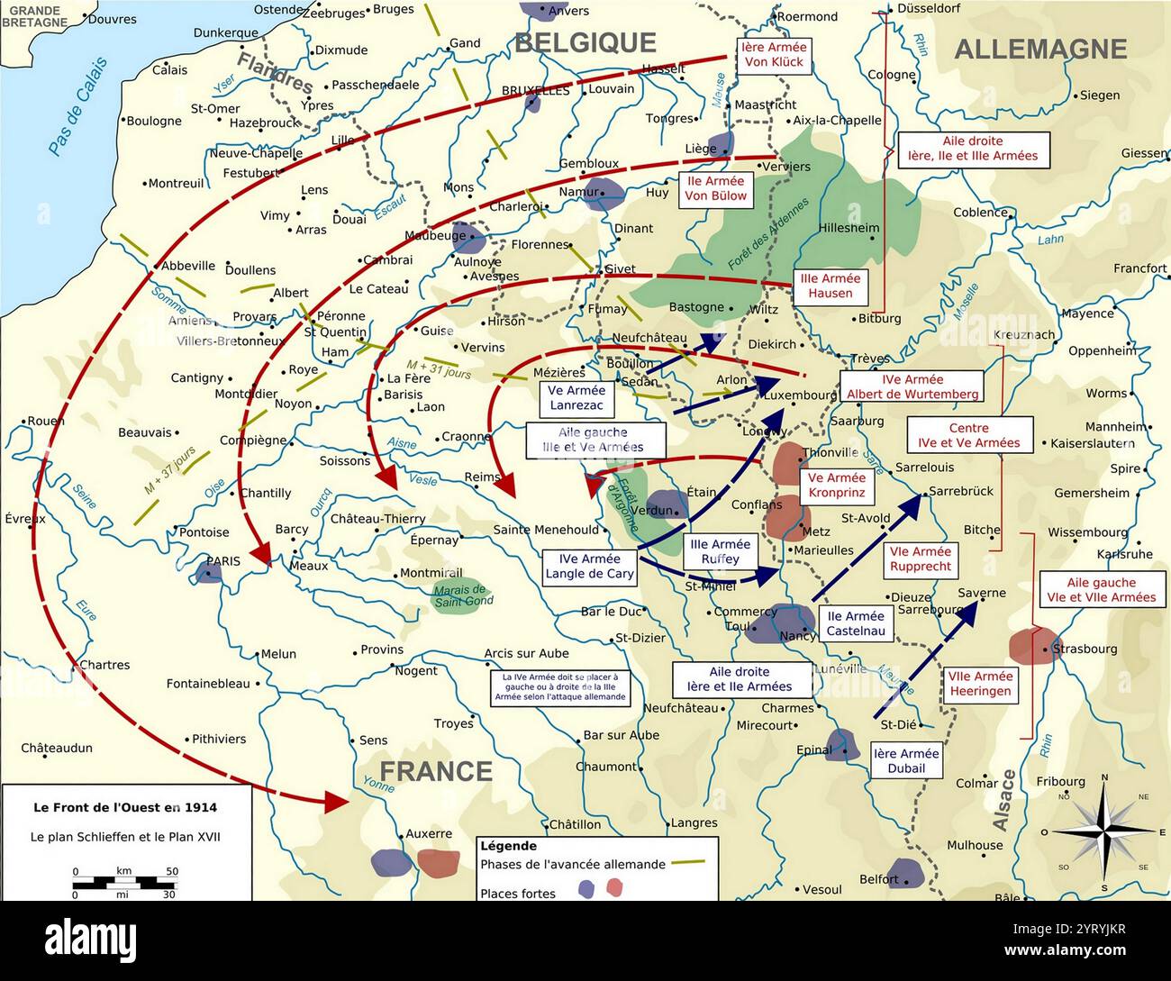 Édition française d'une carte du plan Schlieffen produite par le Département d'histoire de l'Académie militaire des États-Unis. Banque D'Images