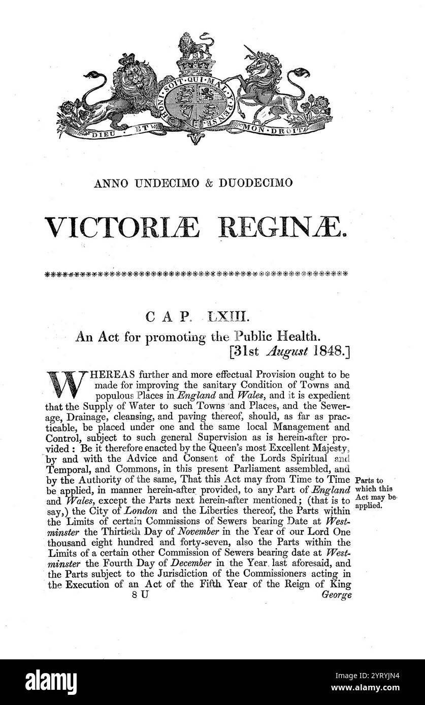 Loi britannique sur la santé publique (première page de la législation) 1848. Banque D'Images