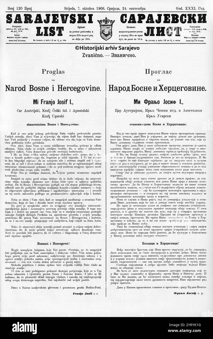 Autriche-Hongrie annonce de l'annexion de la Bosnie-Herzégovine, 1908. Banque D'Images