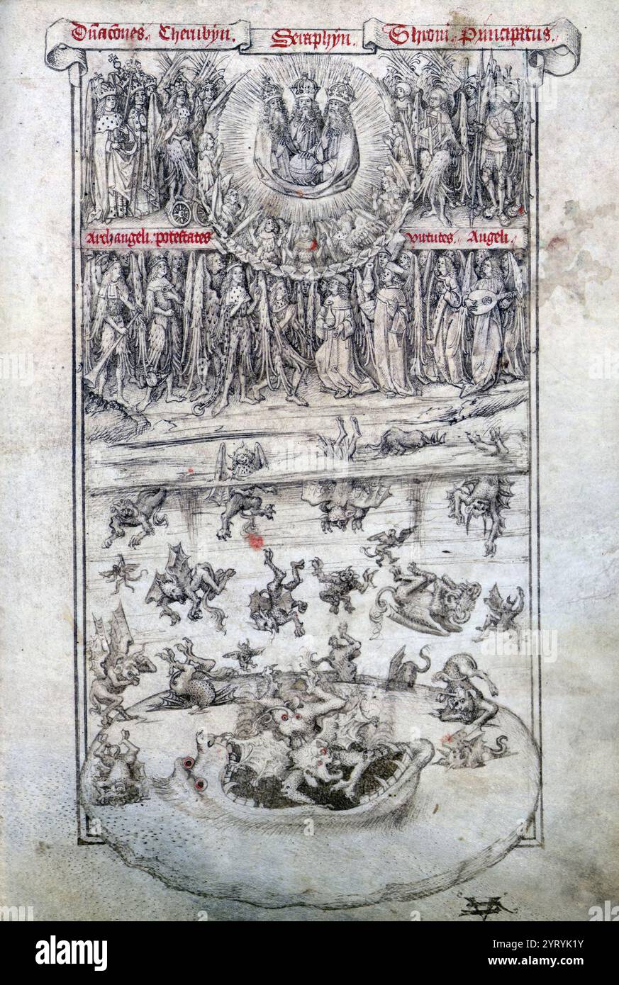 Image 10 de World Chronicle with the Descent of the Rois of England from Adam and Eve to Richard III. ce manuscrit, produit à Londres vers 1500, retrace la généalogie des rois d'Angleterre d'Adam et Eve à Richard III. le manuscrit a été fait à la manière de William Caxton (vers 1422--92), le premier imprimeur anglais. Écrit en anglais, sur vélin, le volume a toujours sa reliure de veau marron originale. Les illustrations sont principalement de grandes compositions à la plume et à l'encre et comprennent des images du jugement dernier et de la chute des anges rebelles, de la création, de la chute d'Adam et Eve, et de Noé Banque D'Images