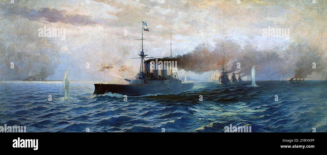 La bataille navale d'Elli pendant la première guerre des Balkans, 13 décembre 1912 (peinte en 1913) par Vassileios Chatzis (1865-1915). Il montre le croiseur grec Averof devant, suivi des trois anciens cuirassés Hydra, Spetsai et Psara, tirant sur les navires ottomans. Banque D'Images