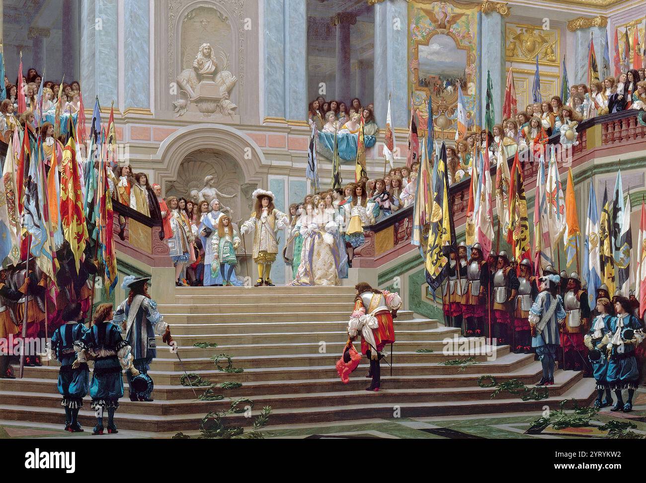 Réception du Grand Cond ? Par Louis XIV à Versailles par Jean-l?sur G?R?me, peint en 1878. Il représente la réception de Louis II de Bourbon-Cond ? Par Louis XIV, au château de Versailles, au pied de l'escalier des Ambassadeurs. Dans ce tableau, il met en évidence la comédie du pouvoir, à travers l'allégeance tardive du prince à son roi. Banque D'Images
