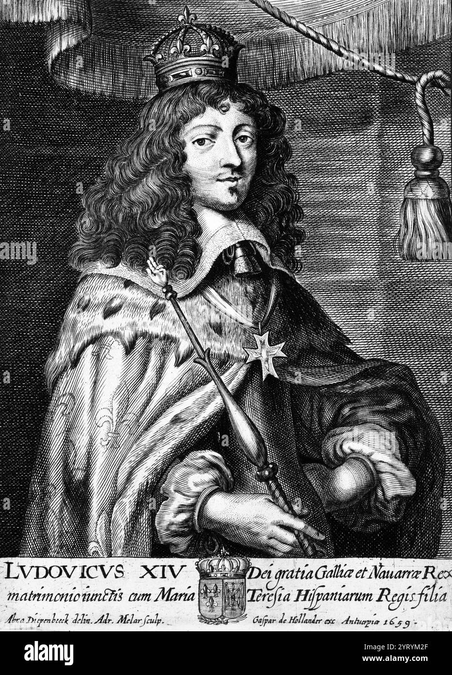 Louis XIV avec couronne et sceptre. xviie siècle. Louis XIV de France, gravure, 1660. Par Abraham van Diepenbeeck (1596?1675) et Adriaen Millaert (1633 ? 1667). Banque D'Images