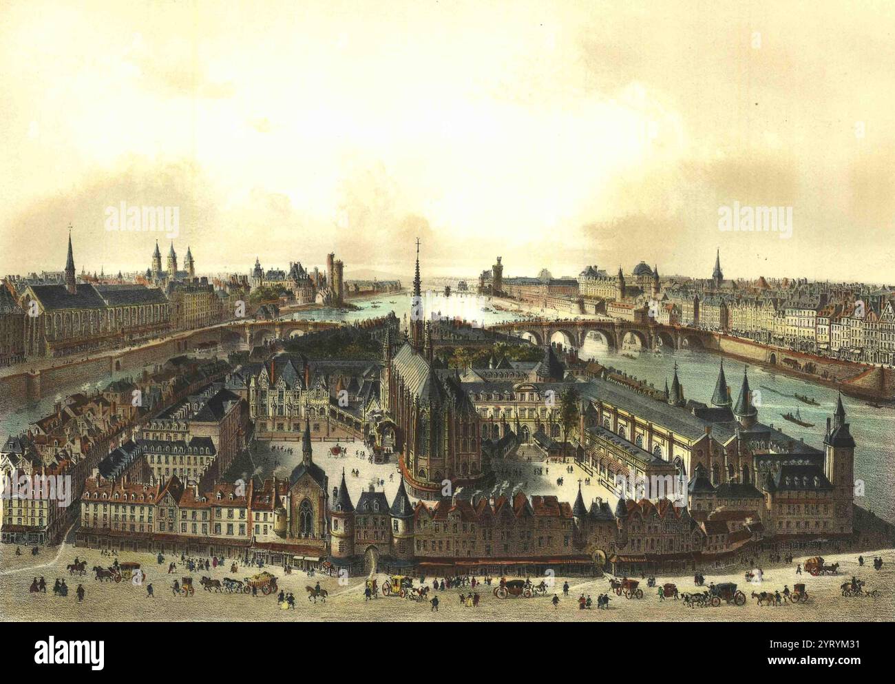 Paris en 1650 - Palais de Justice et Seine , gravure colorée, non datée (XVIIe siècle). Par Israel Silvestre (français, 1621-1691) d'après Jean boisseau. Banque D'Images