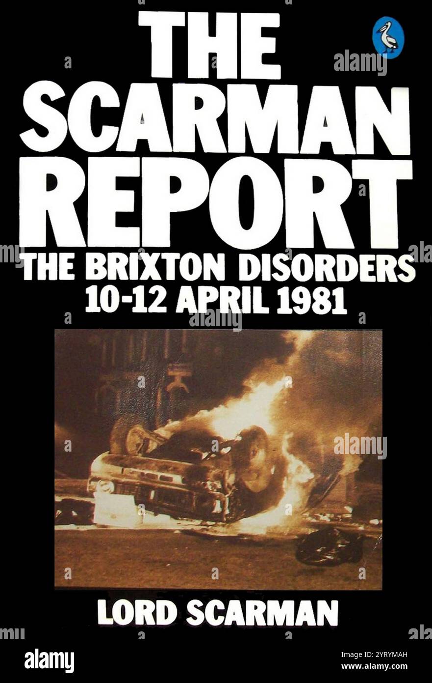 Le rapport Scarman a été commandé par le gouvernement britannique à la suite des émeutes de Brixton en 1981. Lord Scarman est nommé par William Whitelaw, alors ministre de l'intérieur, le 14 avril 1981 (deux jours après la fin des émeutes) pour mener l'enquête sur les émeutes. Le rapport Scarman a été publié le 25 novembre 1981. Banque D'Images