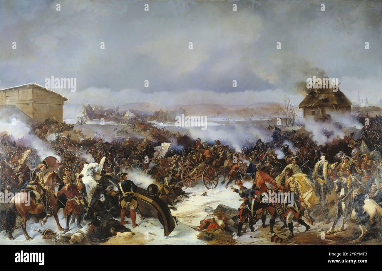 Bataille de Narva 1700 par Alexander Kotzebue (1815?1889). La bataille de Narva, le 30 novembre 1700, est une bataille précoce de la Grande Guerre du Nord. Une armée suédoise dirigée par Charles XII de Suède a vaincu une force de siège russe trois à quatre fois plus importante. Auparavant, Charles XII avait forcé le Danemark ? La Norvège signe le traité de Travendal. Narva n'a pas été suivie par de nouvelles avancées de l'armée suédoise en Russie. Le tsar Pierre le Grand de Russie prit Narva dans une seconde bataille en 1704. Banque D'Images
