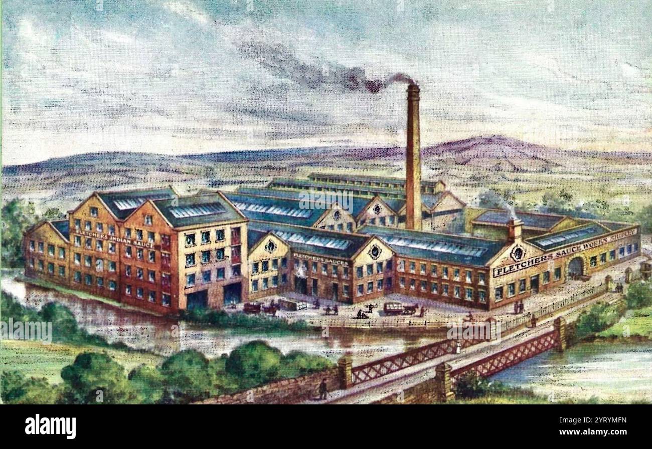 Carte postale représentant Fletchers sauce Factory, Shipley, Yorkshire, Angleterre. 1910 Banque D'Images