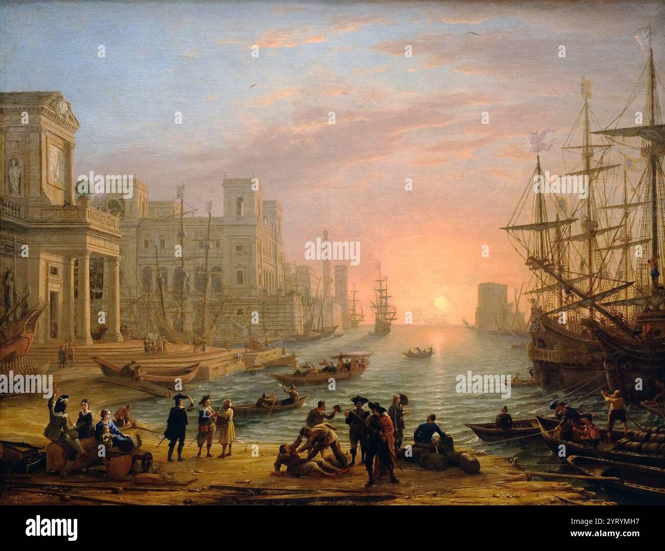 Port maritime au coucher du soleil. 1639, par Claude Lorrain. Symbolisant l'esprit du mercantilisme et du commerce au XVIIe siècle. Banque D'Images