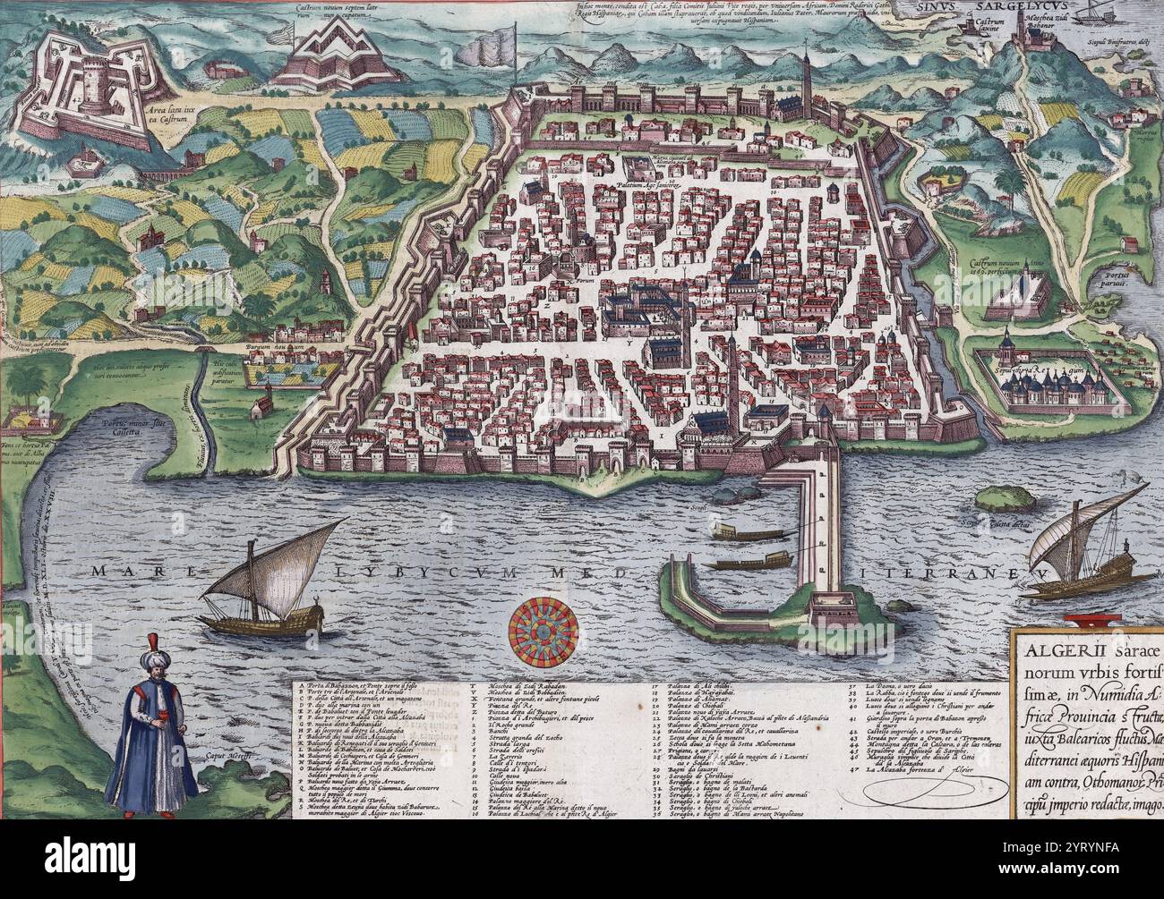 Carte de la ville d'Alger, 1575, par Georg Braun (1540 ou 1541-1622) et Franz Hogenberg (vers 1535-90). Publié à Cologne, Allemagne. Alger était une ville florissante sous une série de dynasties berbères du Xe au XVIe siècle. Il est passé sous influence espagnole à partir du début des années 1300. En 1516, le pirate gréco-turc Kheireddin Barbarossa (1478--1546) s'établit à Alger, met fin à l'influence espagnole et en 1529 accepte la souveraineté ottomane. Banque D'Images