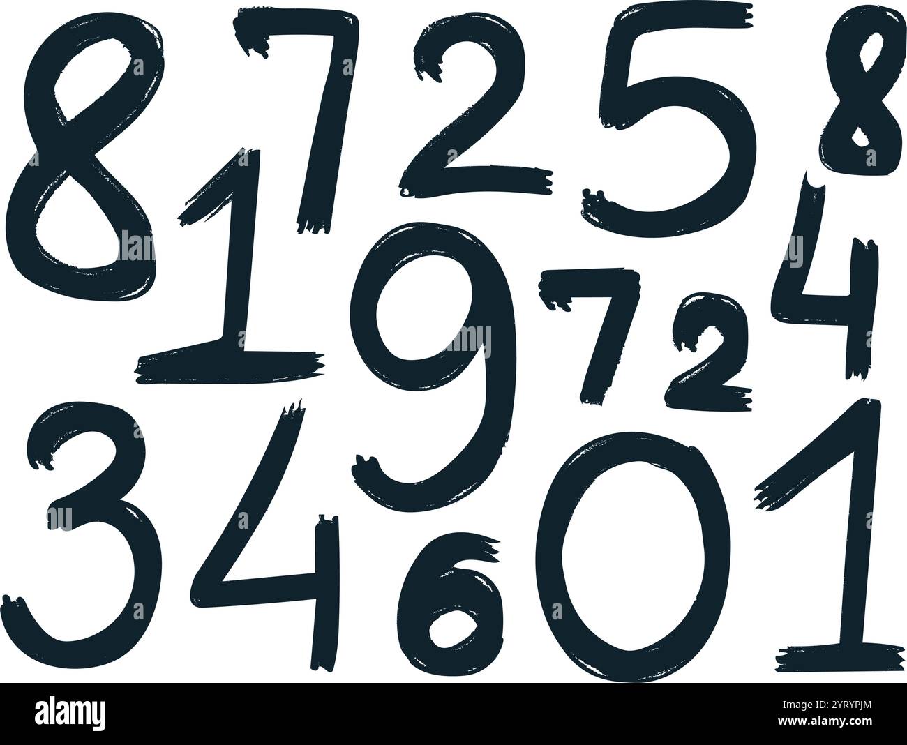 Jeu de chiffres manuscrits à l'encre grunge. Numéros de silhouette noire de différentes tailles. Chiffre de police de coup de pinceau sale minable. Graphique vectoriel Illustration de Vecteur