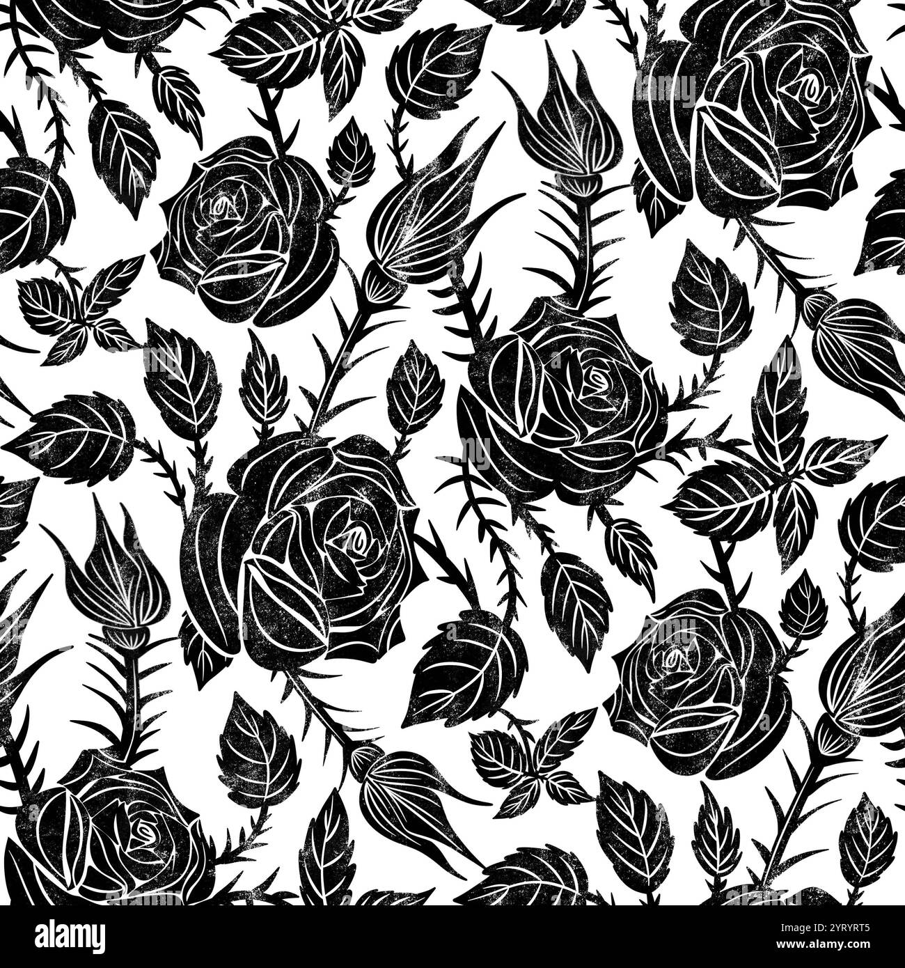 Motif roses noires avec épines. Fond floral monochrome sans couture. Banque D'Images