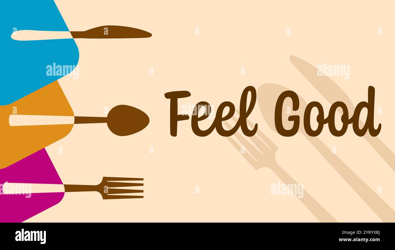 Feel Good Spoon Fork Knife carrés arrondis colorés gauche texte Banque D'Images