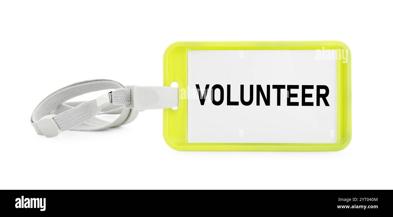 Badge avec le mot Volunteer isolé sur blanc Banque D'Images