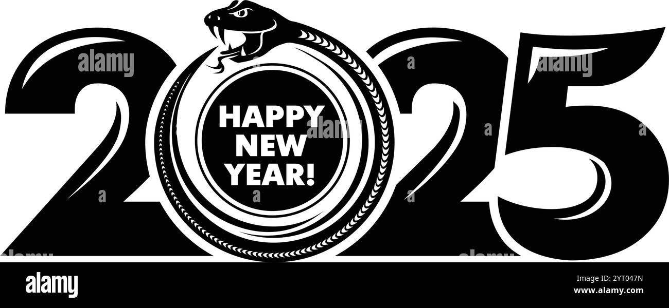2025 conception du logo Snake. Nouvel an chinois 2025. Le serpent mange sa propre queue avec le numéro 2025. Signe Ouroboros. Vecteur modifiable monochrome sur transparent Illustration de Vecteur